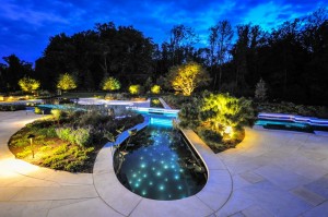 Outer Patio Area Night - Music Themed Violin Inground Pool, Bedford, NY